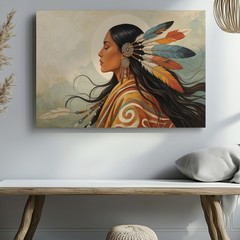 Native American Woman Profile Feather Headdress Modern Canvas Wall Art Print