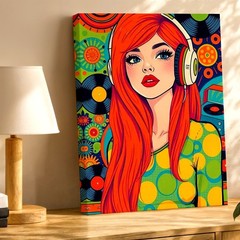 Wall Art Retro Pop Redhead Woman Art Headphones Vinyl Records Colorful Decor
