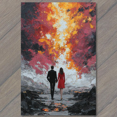Art Print Couple Walking Red Dress Black Suit Fiery Sky Apocalyptic Romantic Abs