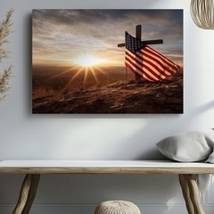 Sunrise with American Flag and Cross on Hilltop Patriotic Canvas Wall Art Print