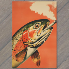 Art Print Trout Smoking Retro Bold Fishing Poster Bright Orange Unique Catch
