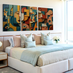 3 Pieces Abstract Geometric Faces Large Wall Art Set for Bedroom Set Of 3