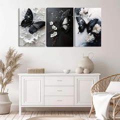 3 PCS 2D Butterfly Canvas Wall Art White Black 12x16in