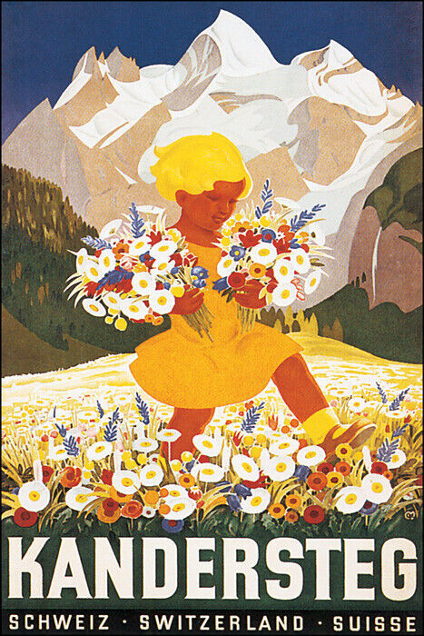 KANDERSTEG SWITZERLAND WINTER SUMMER GIRL FLOWERS VINTAGE POSTER REPRO