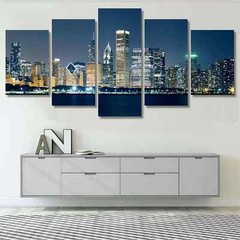 Chicago Skyline Night View Cityscape 5 Piece Panel Canvas Wall Art Decor