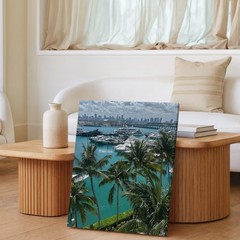 Miami Skyline And Marina Canvas Wall Art With Tropical Palm Trees Print Home