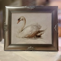 Vintage-Style Watercolor Art Print White Mute Swan 🦢 Framed Metallic Silver
