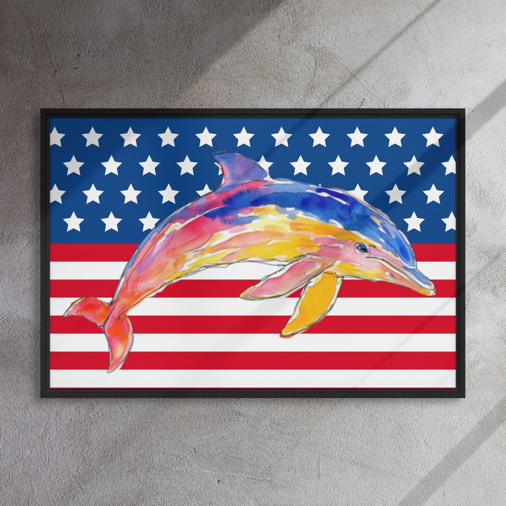 Dolphin watercolor 36×24 Framed Canvas Print