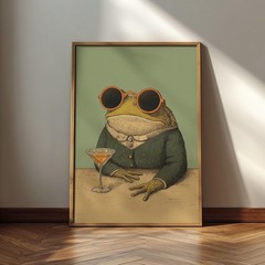 Funny Frog with Cocktail Art Print, Whimsical Bar Cart Kitchen Wall Decor