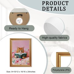 Gold Framed Wall Art Prints, Cute Orange Cat Reading a Green Book on Pink Flo…