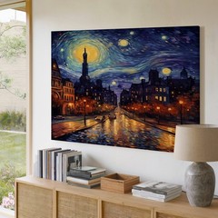 Cityscape Night Sky Canvas Wall Art Urban Street Lights Reflection Decor Print