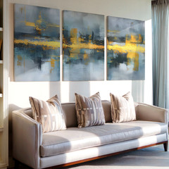 3 Pieces Abstract Blue Gold Modern Large Wall Art Set for Bedroom Set Of 3