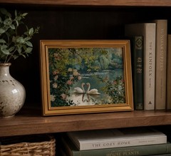 Vintage Gold Framed Swan Wall Art, Romantic White Swan Couple Oil Painting wi…