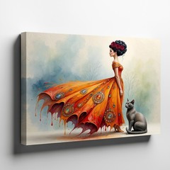 Surreal Woman in Orange Dress with Patterned Skirt and Gray Cat Canvas Wall Art