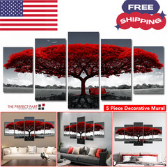 5 Piece Canvas Wall Art Red Tree Landscape Print Modern Living Room Home Decor