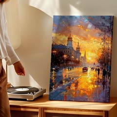 Wall Art City Street Sunset Painting Rainy Urban Landscape Canvas Print Decor