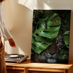 Canvas Tiger in Tropical Jungle Leaves Botanical Wildlife Living Room Print