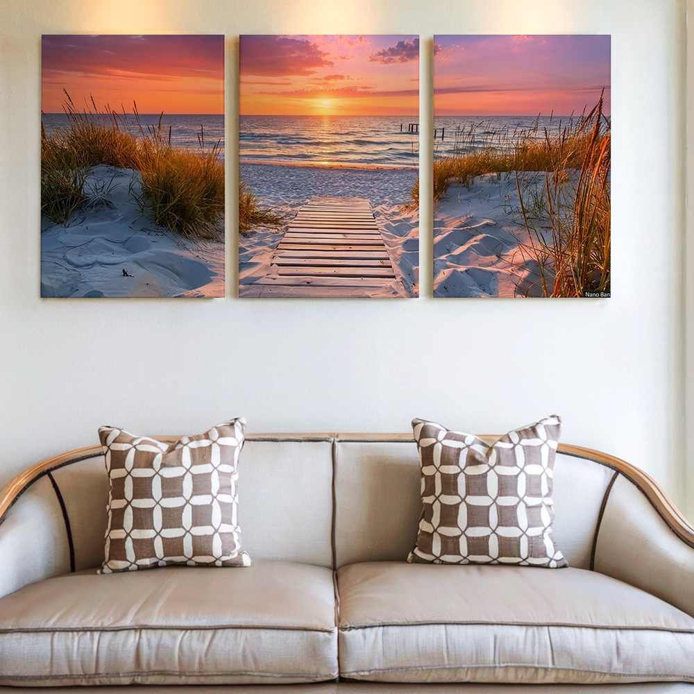3 Pieces Sunset Beach Pathway Coastal Large Wall Art Set for Living Set Of 3