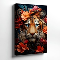 Canvas Tiger Face Botanical Face Portrait Blue Eyes Flower Home Large Decor