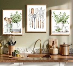 3 Pcs Sage Green Farmhouse Kitchen Canvas Wall Art 16″L x 12″W, Poster