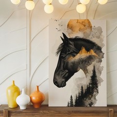 Black Horse Canvas Wall Art With Mountain And Forest Landscape Abstract Print