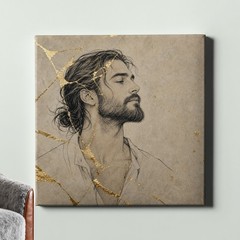 Male Line Portrait Art Print Minimal Drawing Gold Accents Modern