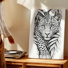 Wall Art Leopard Jungle Line Drawing Black White Wildlife Animal Print Decor