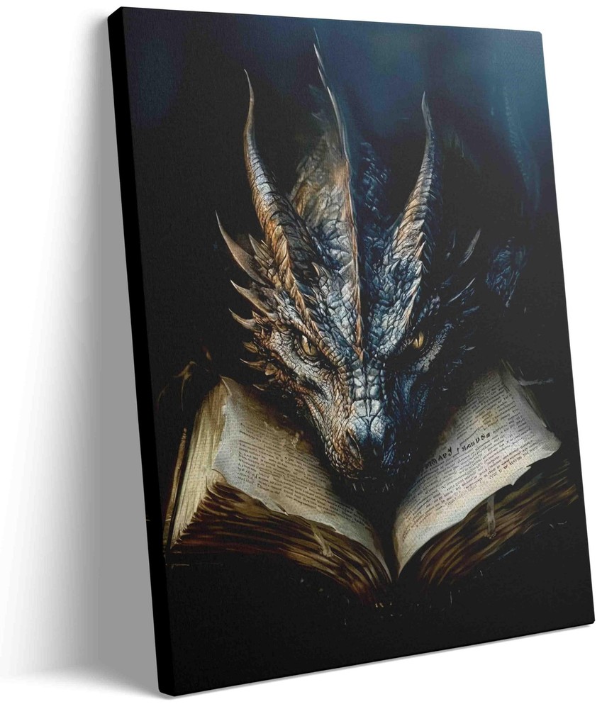 Dark Vintage Dragon & Book Canvas Wall Art – 12×16 Inch Gothic Fantasy Decor …