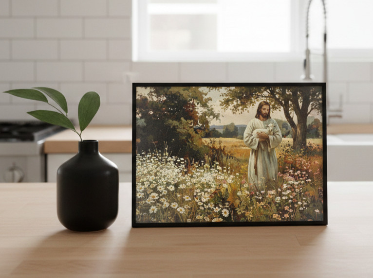 Jesus The Good Shepherd Art Print – Gentle Shepherd & Lamb Painting unframed