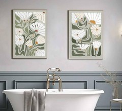 2 Pcs Boho Wildflowers Canvas Wall Art Green Bohemia Abstract Floral Botanica…