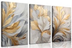 3Pcs Modern Abstract Golden White Leaves Canvas Wall Art Neutral Botanical Wa…