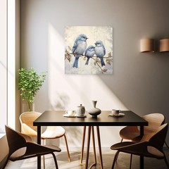 Canvas Wall Art – Love Birds Painting with Blue and Gray Birds, Tree Branches…