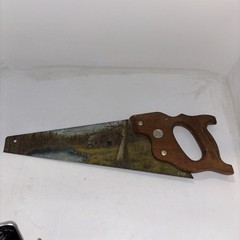 Vintage Rustic Country Art Scenery Watermill Field Pond Hand Painted Hand Saw