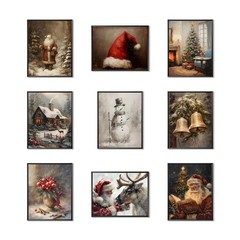 Vintage Christmas Canvas Wall Art Set Santa Claus Xmas Tree Snow Scene 8×10 inch