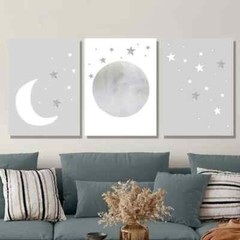3pcs gray moon and stars, neutral art, Metal Print Ready to Hang Art