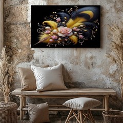Yellow and Black Feather with Pink Roses Pearl Accents Gallery Canvas Decor
