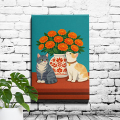 Cats and Flowers Wall Art Vase Still Life Teal Background Pattern