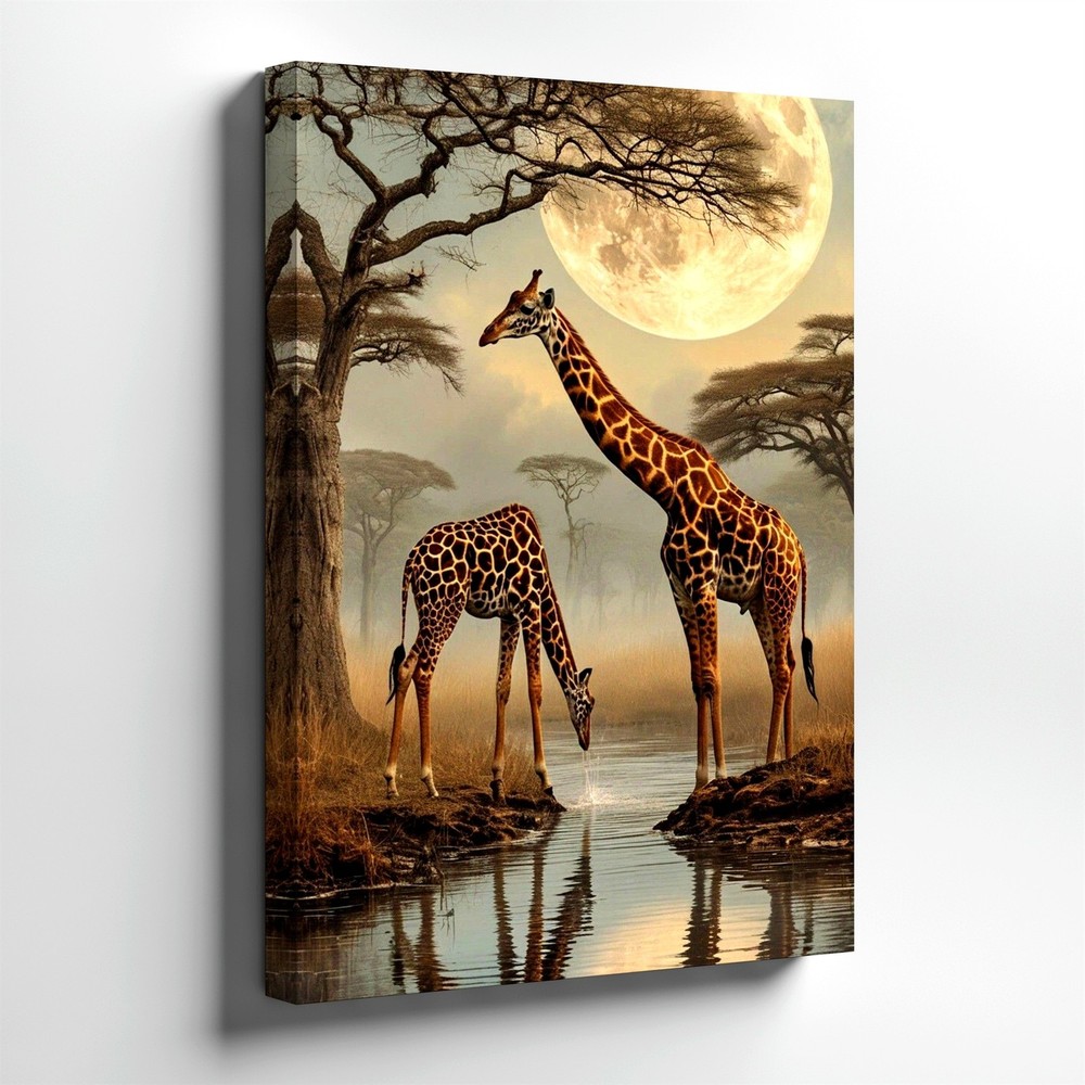 Canvas Giraffe Pair Moonlit Safari Landscape Wildlife Home Statement Room Print