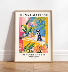 Penguin Bathtub Art Print, Matisse Style Tropical Bathroom Wall Decor Poster