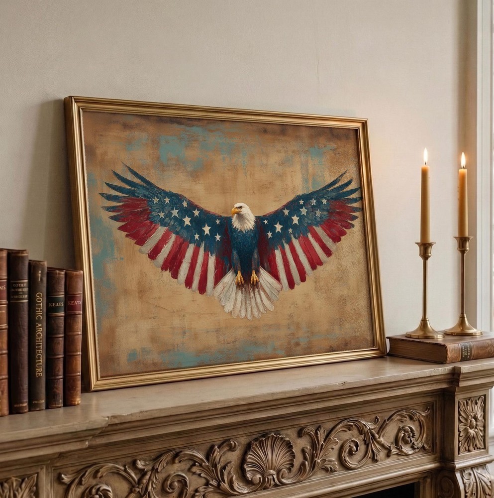 American Flag Eagle Wall Art, Patriotic Poster, 4th of July Print No Frame