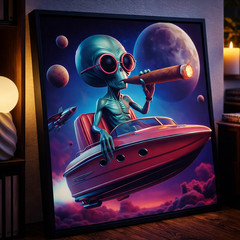 Alien Wall Art Printable, Cosmic Spaceship Yacht Decor, Digital Download, 60×60