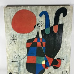 Vintage Joan Miro Figures & Dog Print Wood Mounted Art MCM Wall Decor 24″x16″