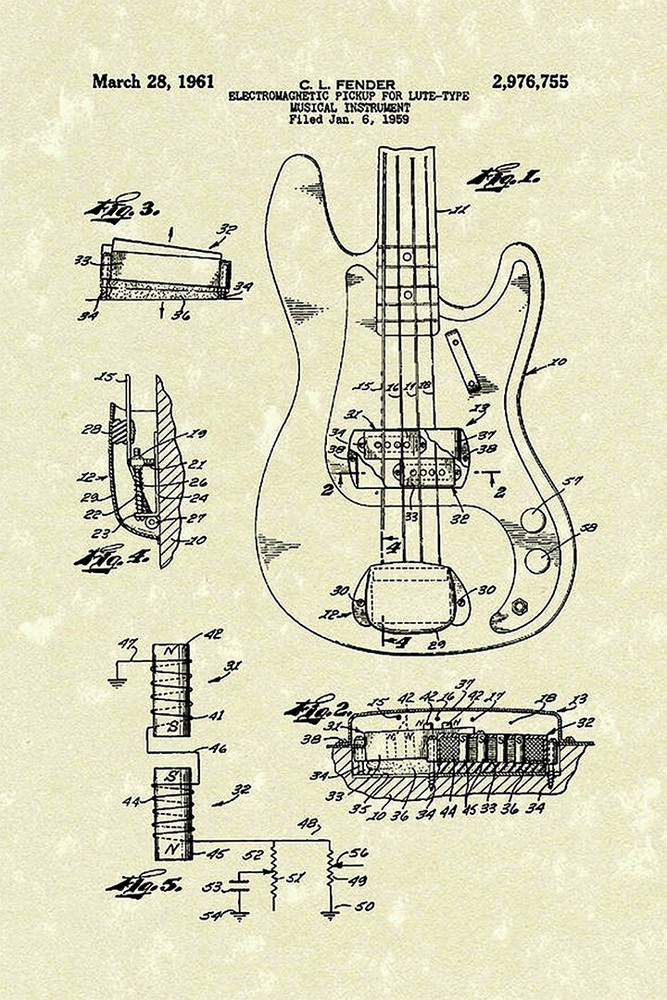 Music Guitar Fender Patent 1961 Vintage Art Wall Room Poster – POSTER 20×30