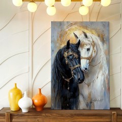 Wall Art Black White Horses Canvas Print Gold Bridal Portrait Home Decor Poster
