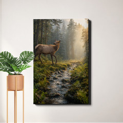 Elk in misty pine forest Wall Art wildlife landscape in soft fog