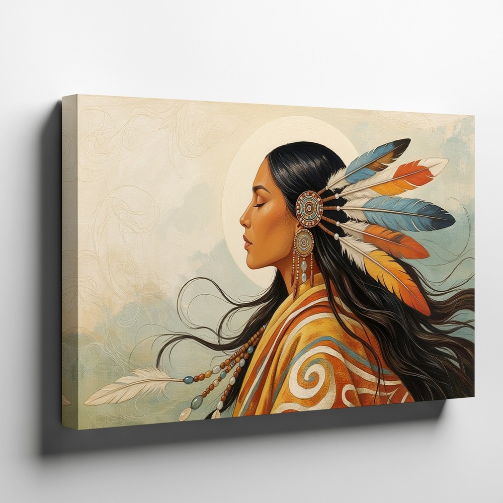 Native American Woman Profile Feather Headdress Modern Canvas Wall Art Print