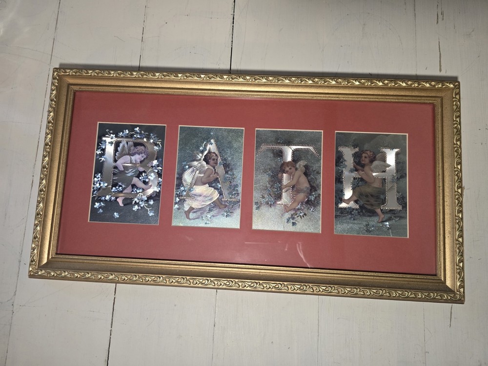 vintage Victorian-style cherub foil art framed wall decor angel figures BATH