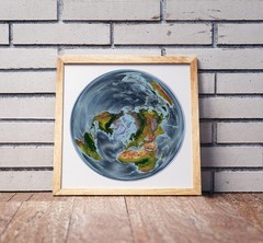 World Map, WGS 1984 Grid North Projection World Map, Framed World Relief Map