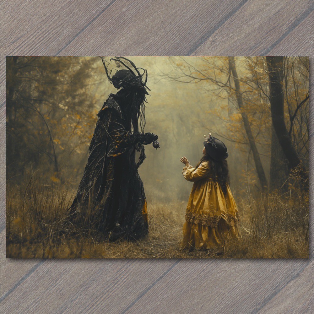 Art Print Eerie Forest Encounter Demon Cult Masked Children Girl Woods Dress