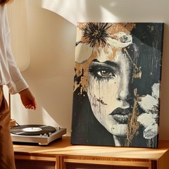 Wall Art Abstract Woman Face Canvas Print Black White Gold Floral Portrait Home